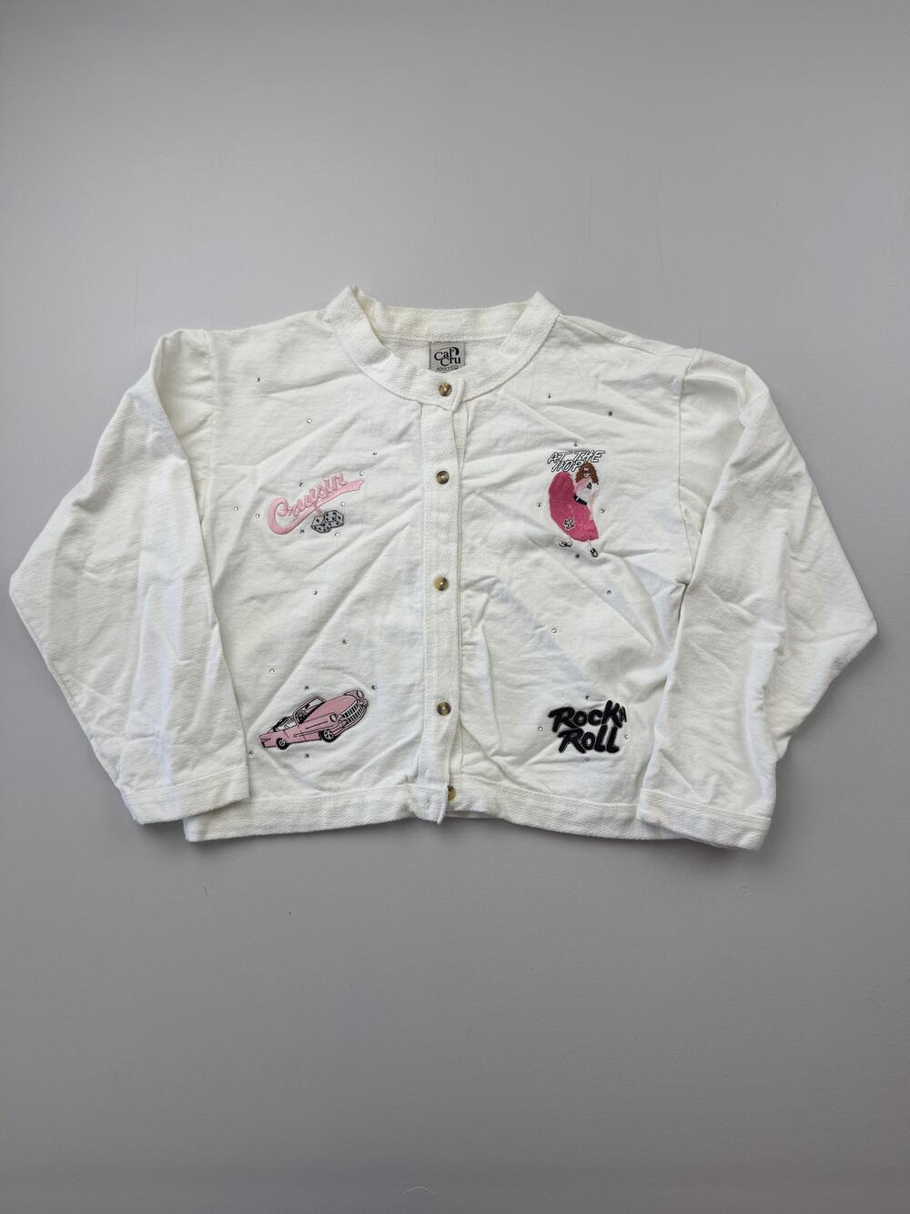 Vintage Cal Cru Sweater Womens S/M White Cardigan Rock Roll Cars Retro VTG USA